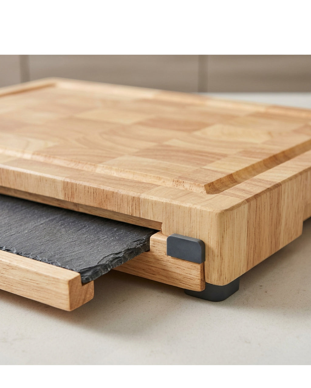 Wvgkn End-Grain Rubberwood Cutting Board with Two Trays 42 x 30 cm Natural Slate - Detail view