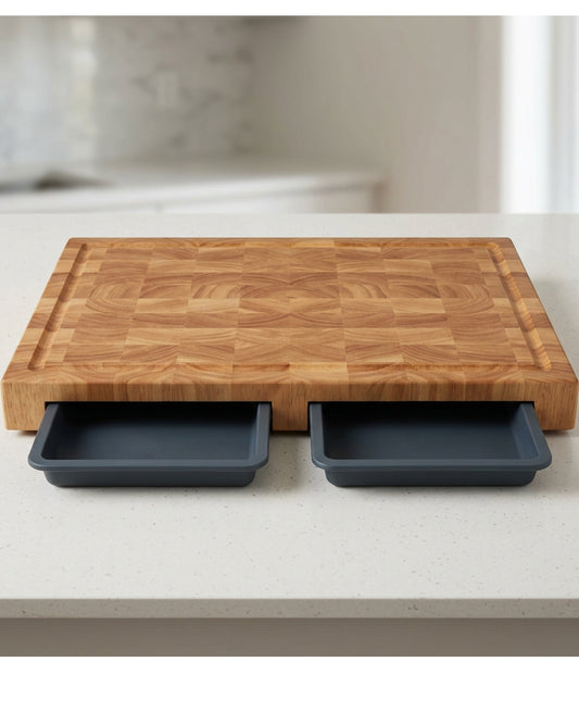 Wvgkn End-Grain Rubberwood Cutting Board with Two Trays 42 x 30 cm Natural Slate - Lifestyle view