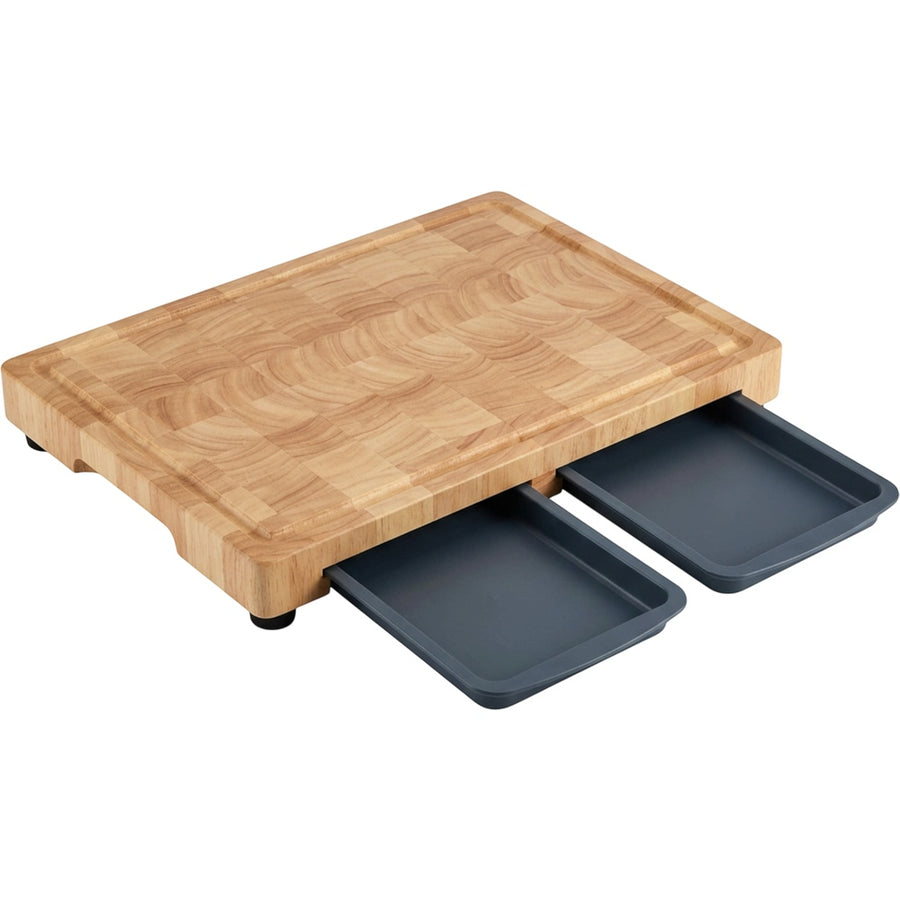 Wvgkn End-Grain Rubberwood Cutting Board with Two Trays 42 x 30 cm Natural Slate
